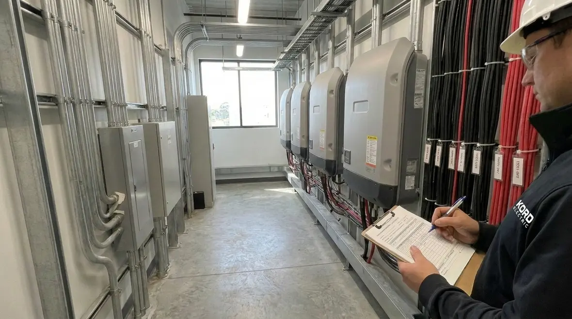 Technician documenting commercial PV station fire mitigation details for NEC compliance