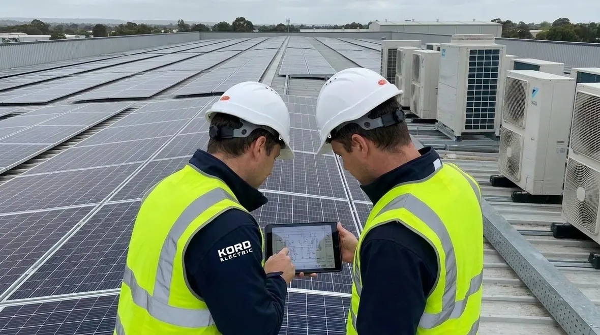 Technicians reviewing NEC Section 691.2 PV station equipment listing compliance on a commercial PV project