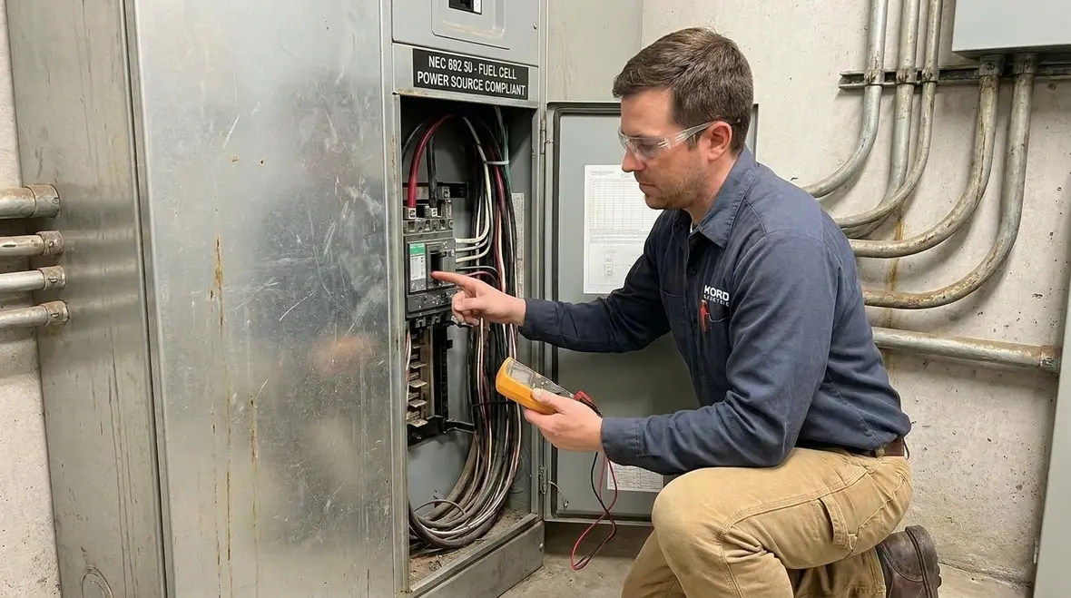 Technicians reviewing NEC Section 692.50 fuel cell power source rules in a commercial electrical room