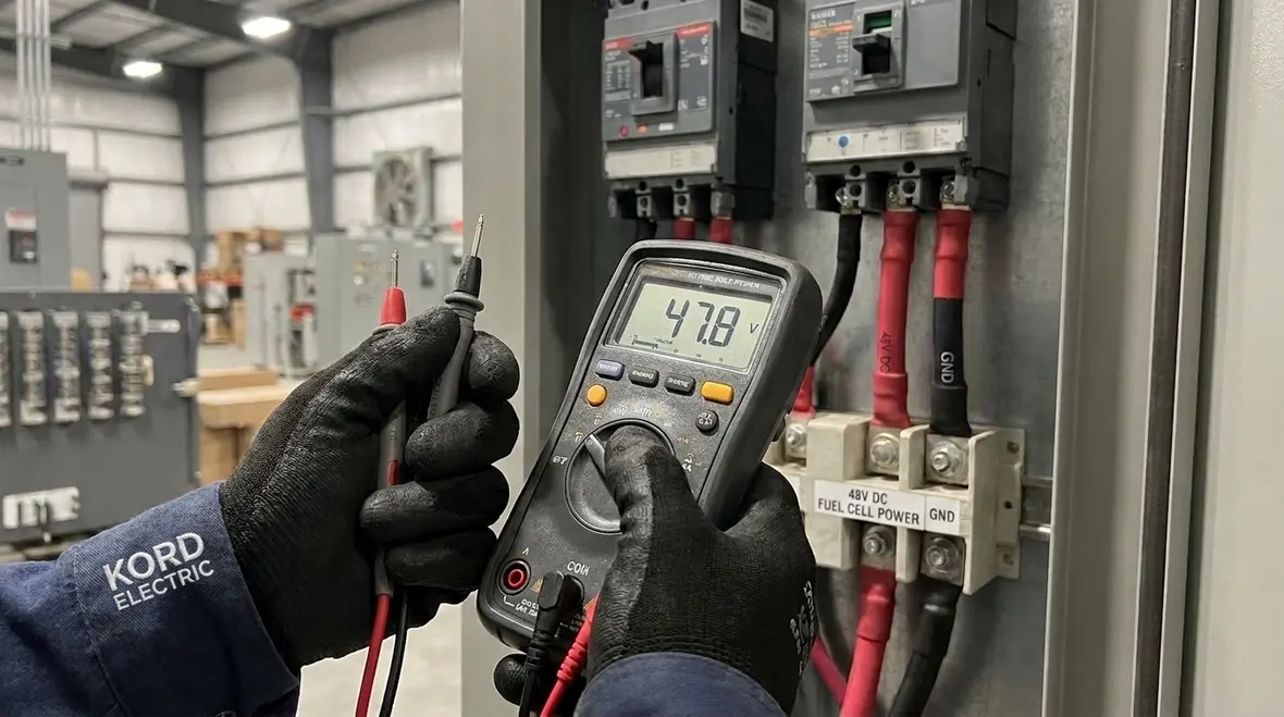 Engineer checking maximum voltage labeling for fuel cell installation