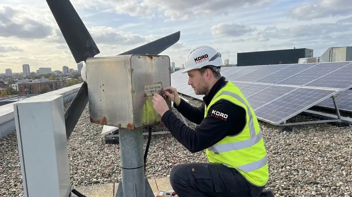 Technicians reviewing NEC 694 wind turbine maximum voltage requirements on commercial project plans