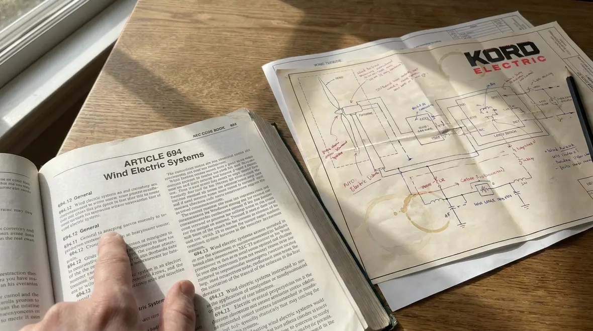 Engineers reviewing NFPA 70 Section 694.12 in wind turbine single-line diagrams