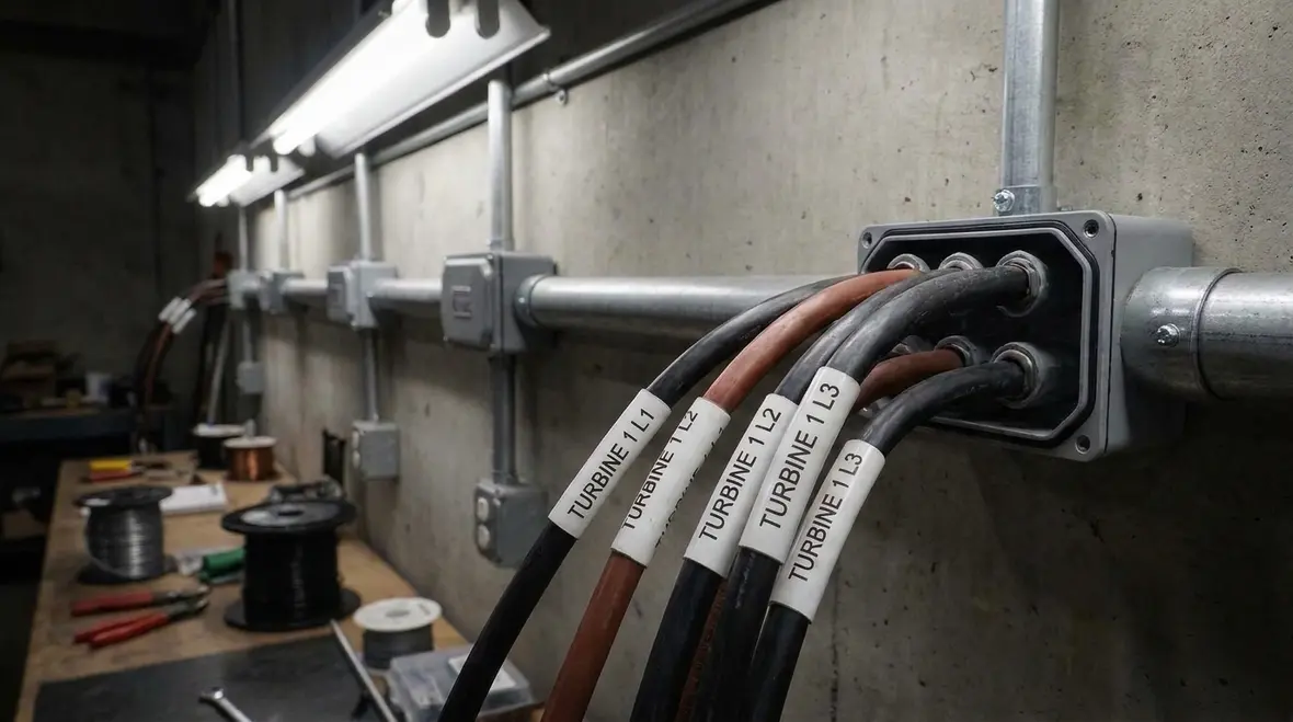 Technician planning NFPA 70 Section 694.20 compliant wind turbine conductors