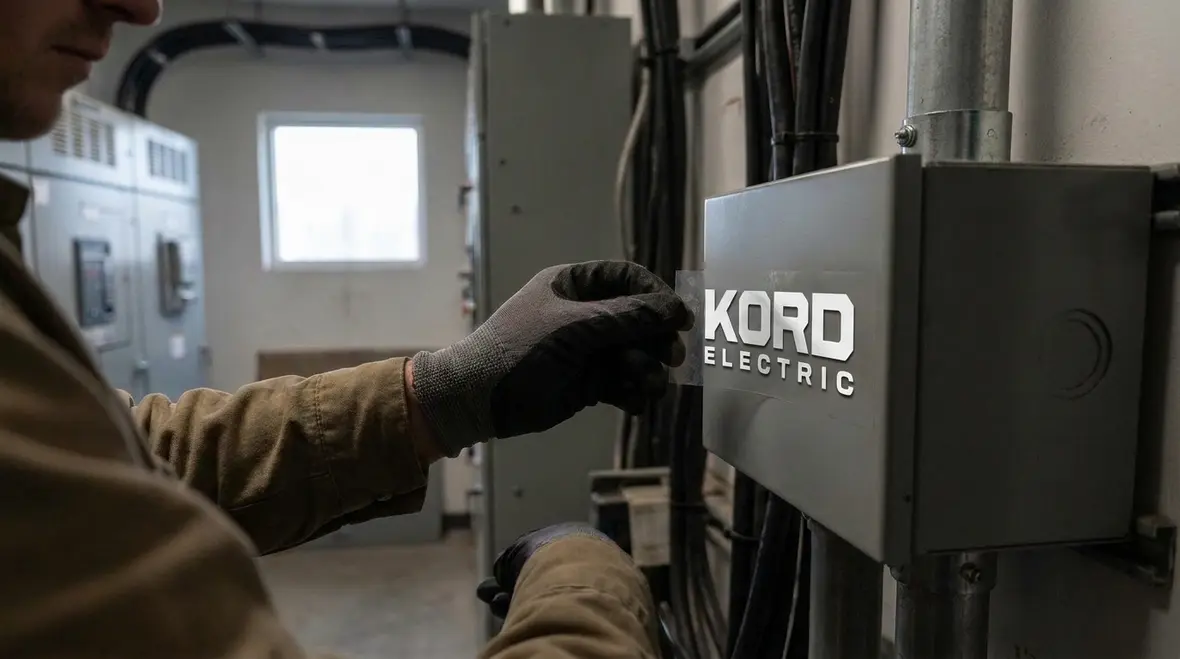 Technicians reviewing NEC Section 694.54 wind power source identification labels on commercial wind equipment