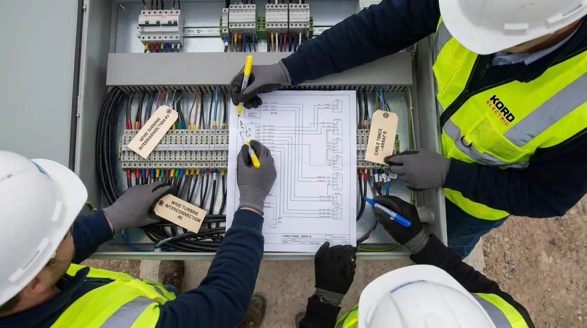 Close-up of durable, consistent wind power source identification labels on industrial gear