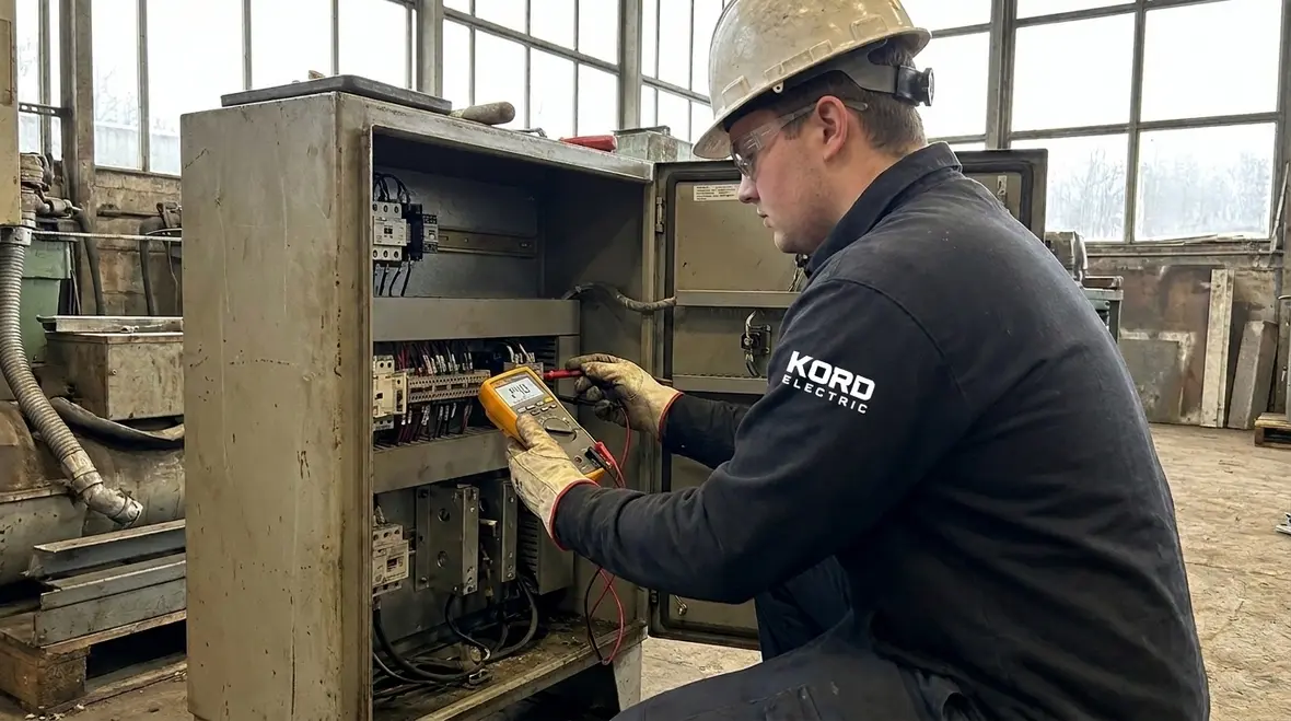 Technician reviewing NEC Section 694.66 wind operating voltage range design documents for a commercial wind system
