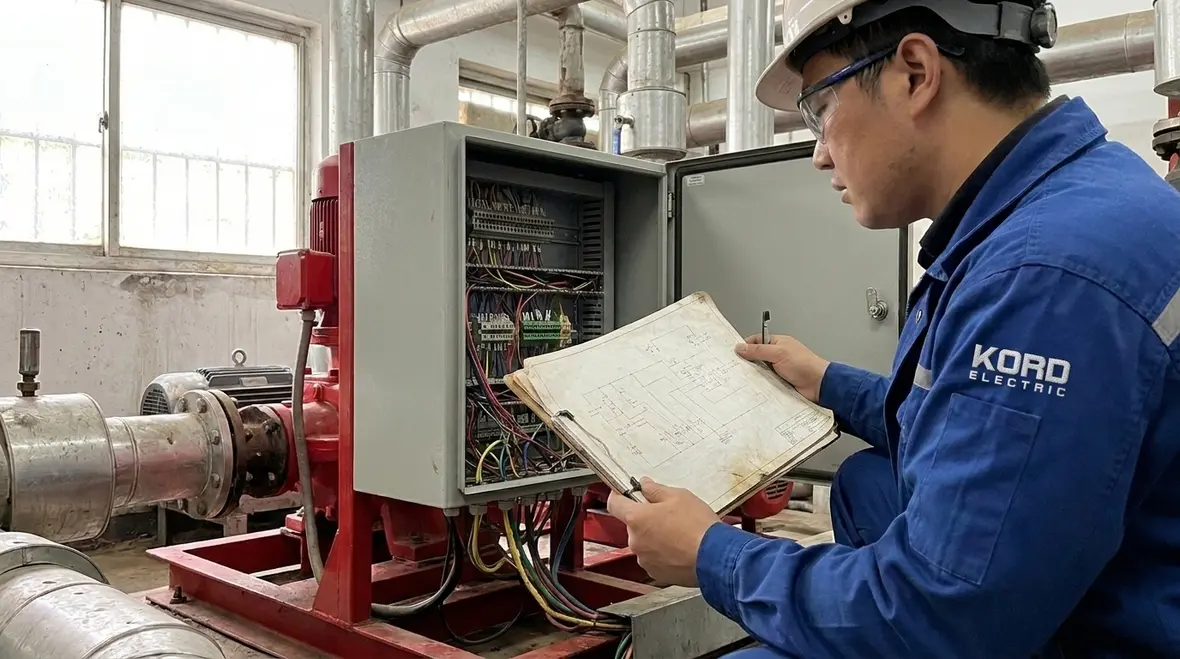 Technicians reviewing NFPA 70 fire pump electrical reliability requirements