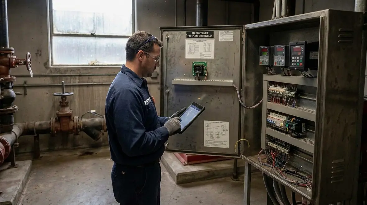 Technician reviewing NFPA 70 Section 695.3 reconditioned fire pump equipment documentation