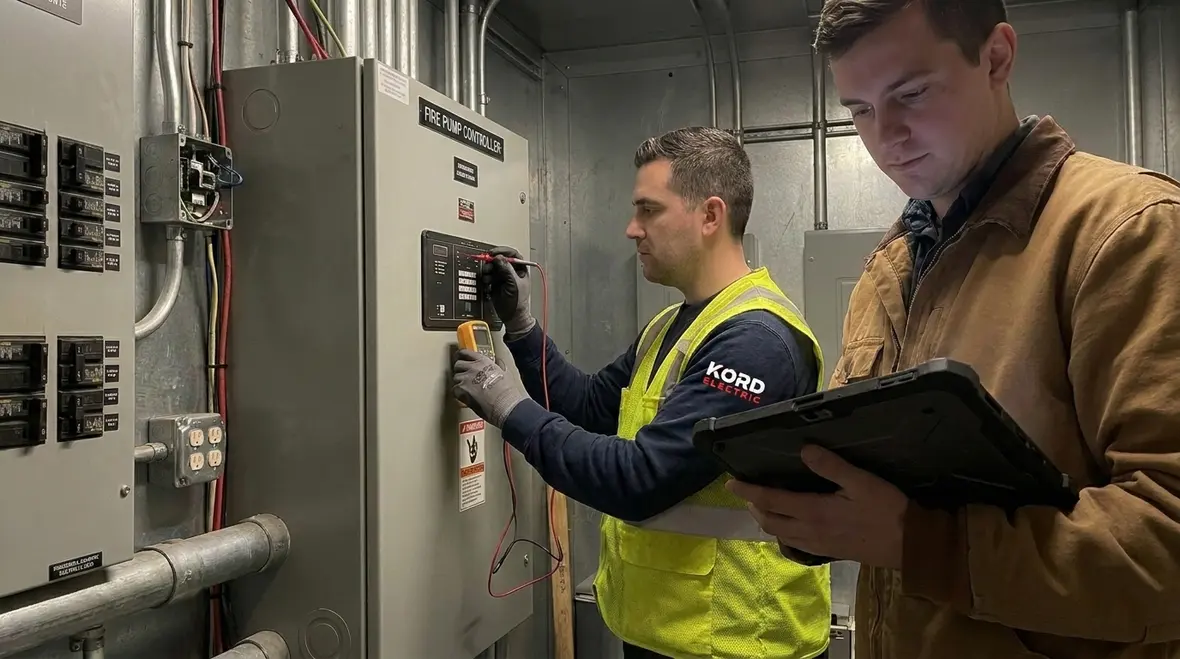 Fire pump transfer switch and protective devices arranged for power continuity