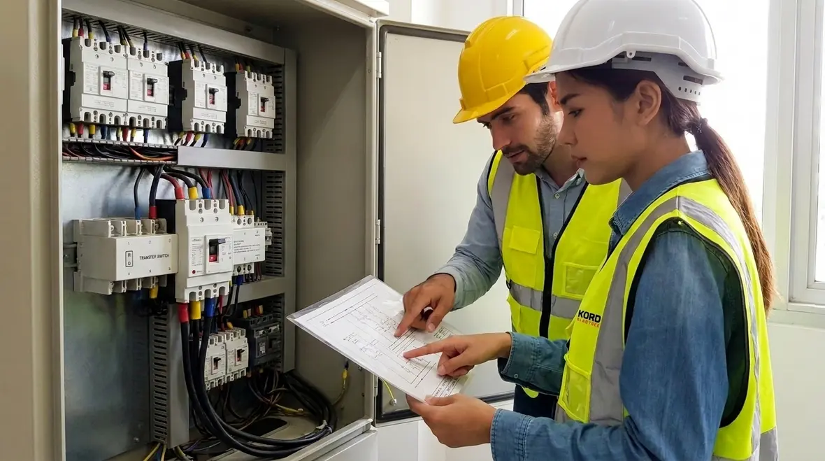 Engineer comparing fire pump one-line diagram to installed electrical equipment