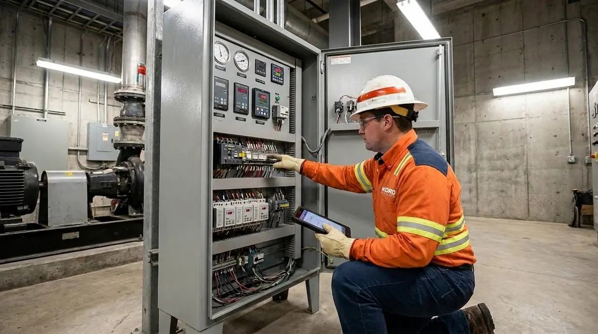Fire pump power wiring conductors routed in a commercial electrical room