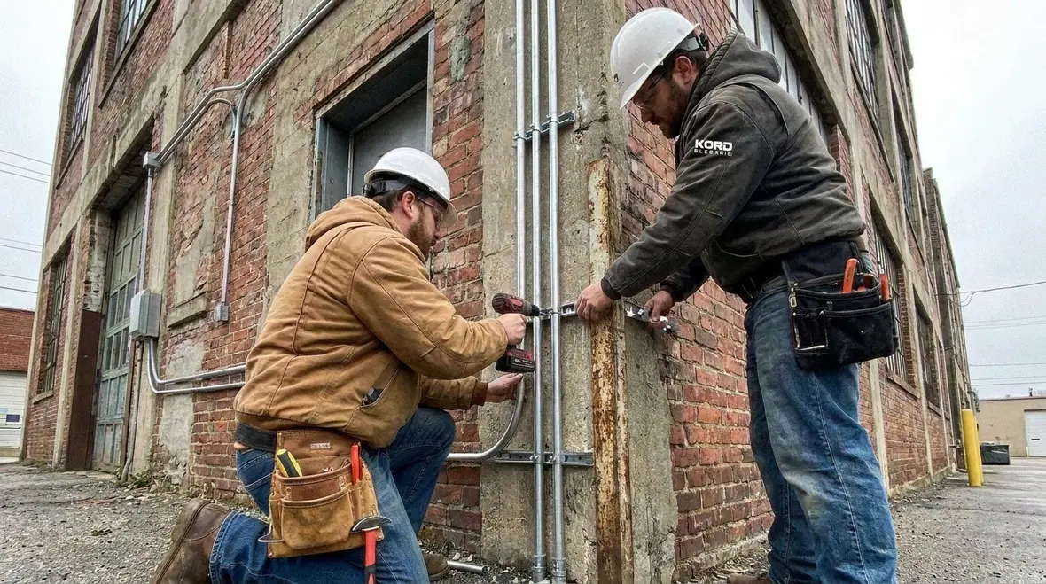 Technician reviewing fire pump power wiring installation details