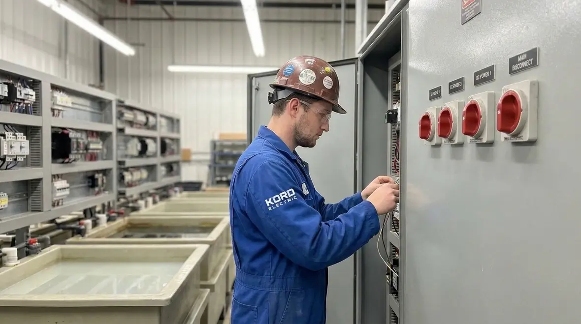 Technicians reviewing NEC compliance steps for industrial electrical systems