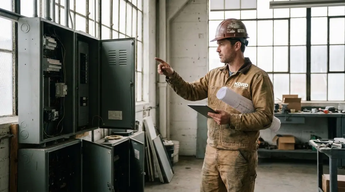 Electrical technician reviewing NEC plating and nonelectrical connection details on a commercial installation