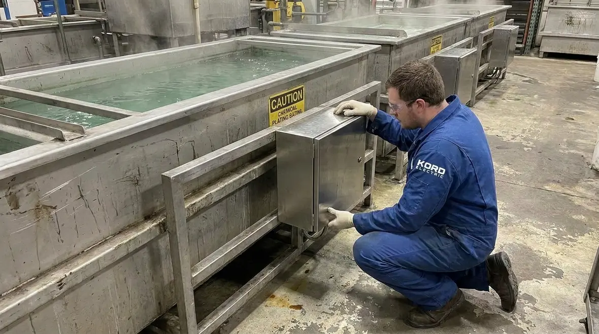 Technician inspecting sealed electrical enclosure in an industrial facility