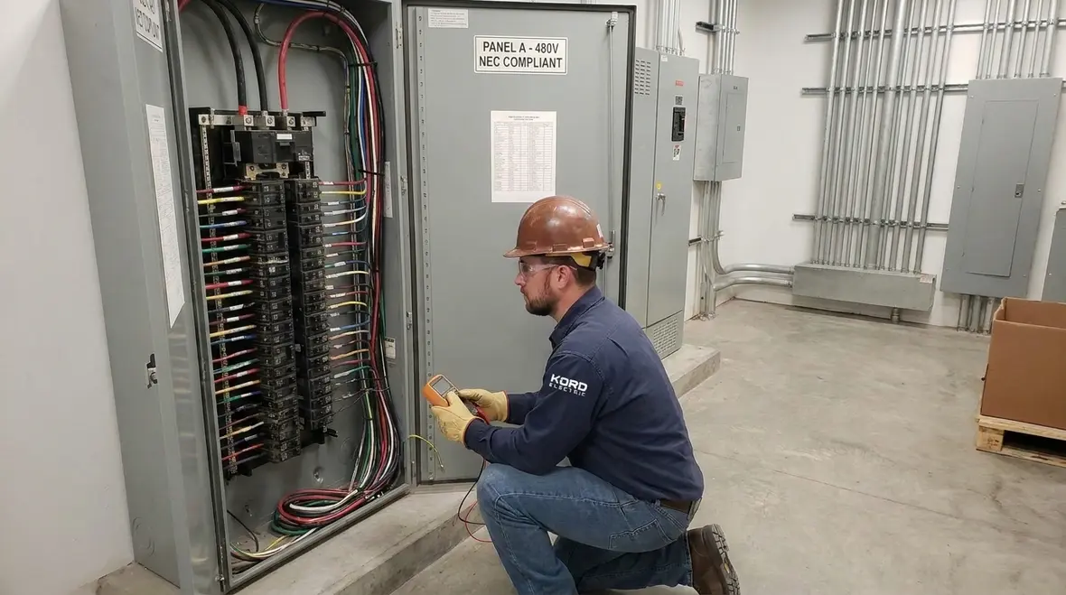Technicians reviewing NEC safety and reliability principles for equipment rooms
