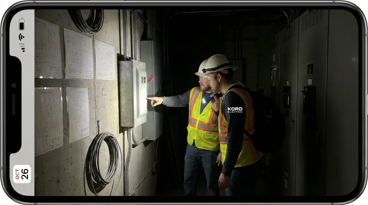 Technician checking electrical room disconnect layout for NEC compliance