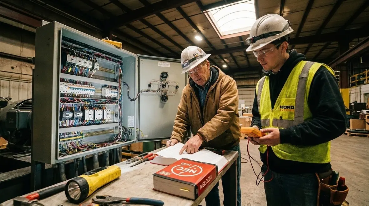 Technicians reviewing NEC motor control center requirements in an electrical equipment room