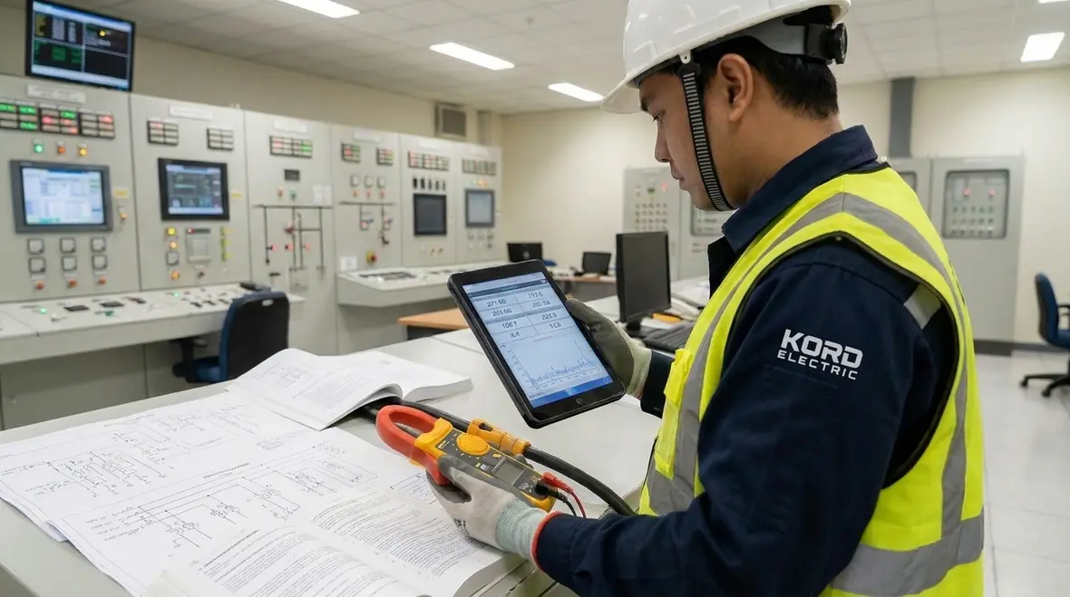 Engineers reviewing fault current analysis for MCC short-circuit ratings in a commercial facility