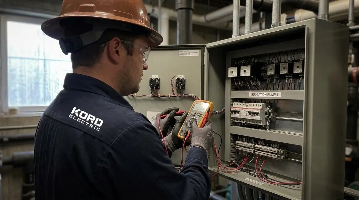 Irrigation motor control panel with clearly labeled circuits in a commercial facility