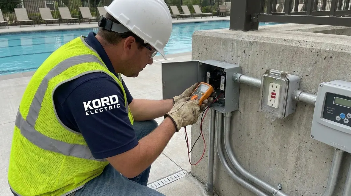 Technician reviewing NFPA 70 Section 680 pool electrical plans