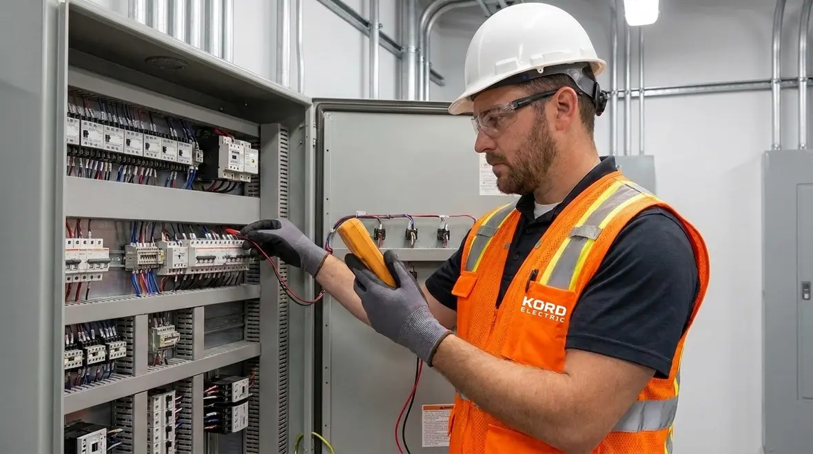 Technician reviewing irrigation control panel labeling under NEC requirements