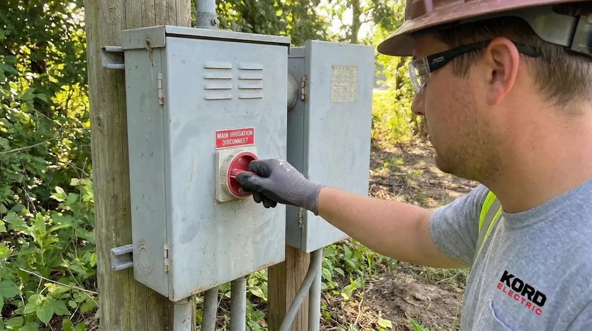 Technician testing NEC-compliant irrigation disconnecting means in an outdoor enclosure