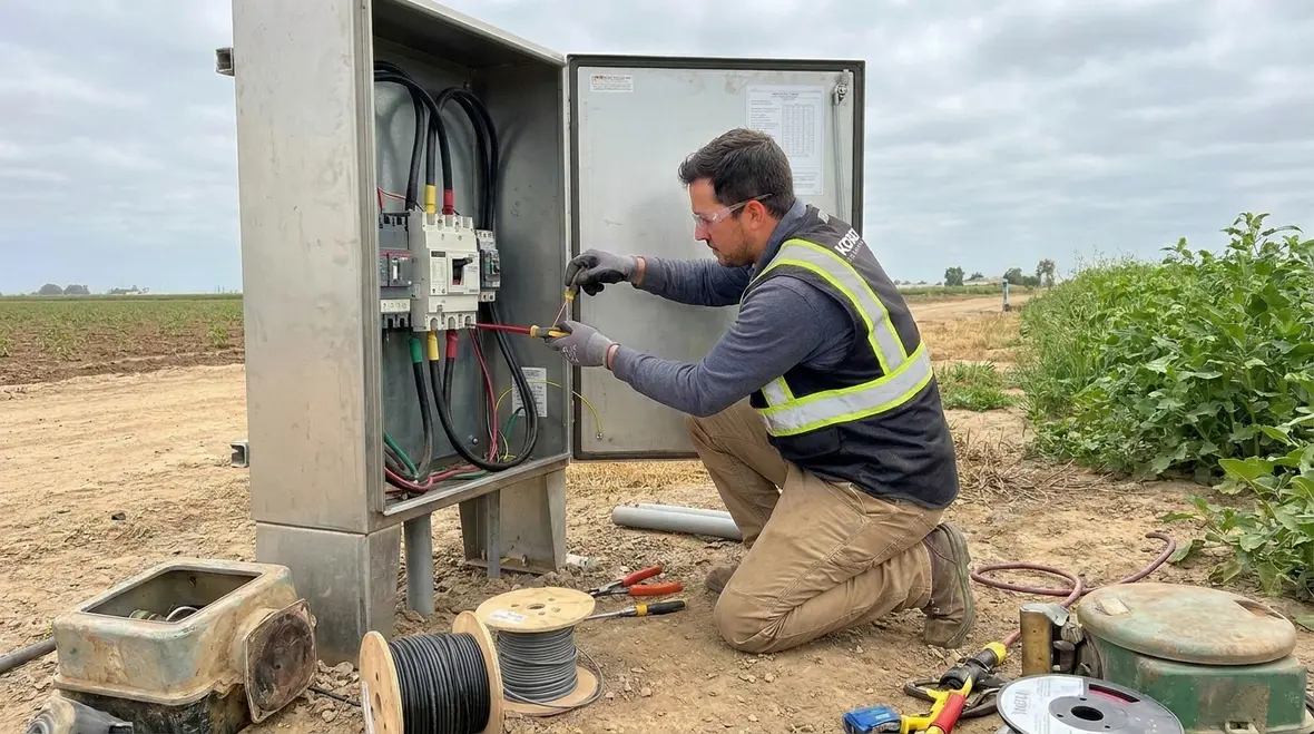 Outdoor commercial irrigation field wiring under inspection for voltage drop and environmental conditions