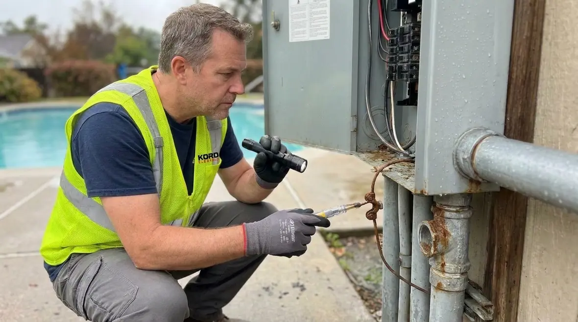 Close view of corroded pool electrical wiring and terminations