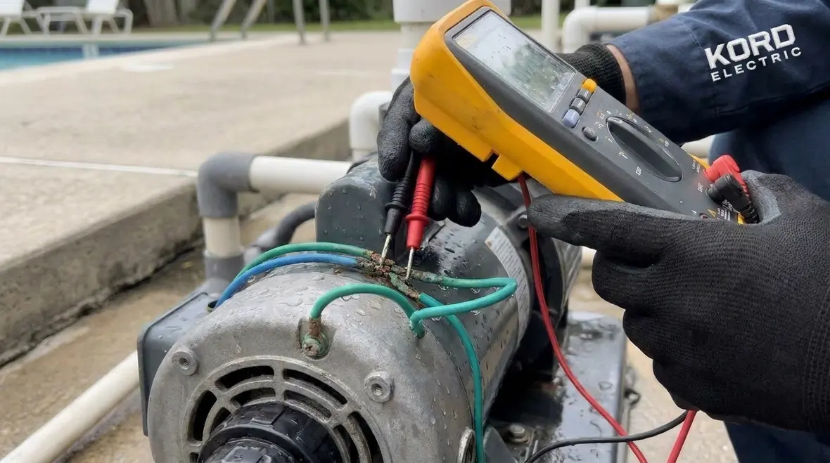 Close up of pool pump motor terminations and bonding conductors