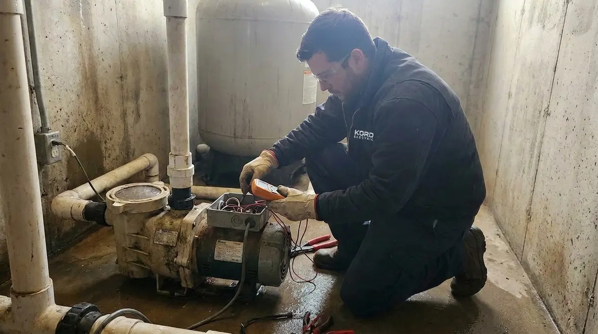 Technician reviewing pool motor wiring methods for NEC Section 680.21 compliance