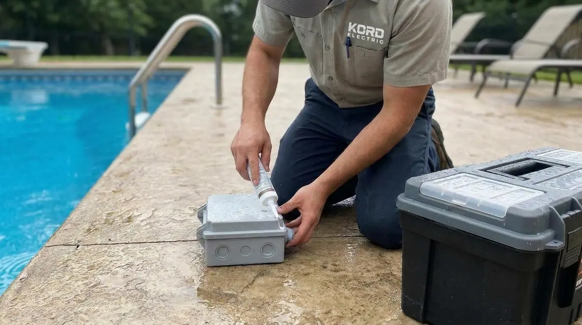 Technician reviewing pool lighting plans and NEC requirements