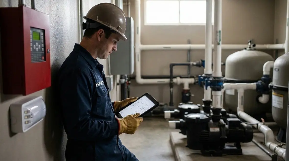 Pool area electrical equipment coordinated with fire and life safety systems