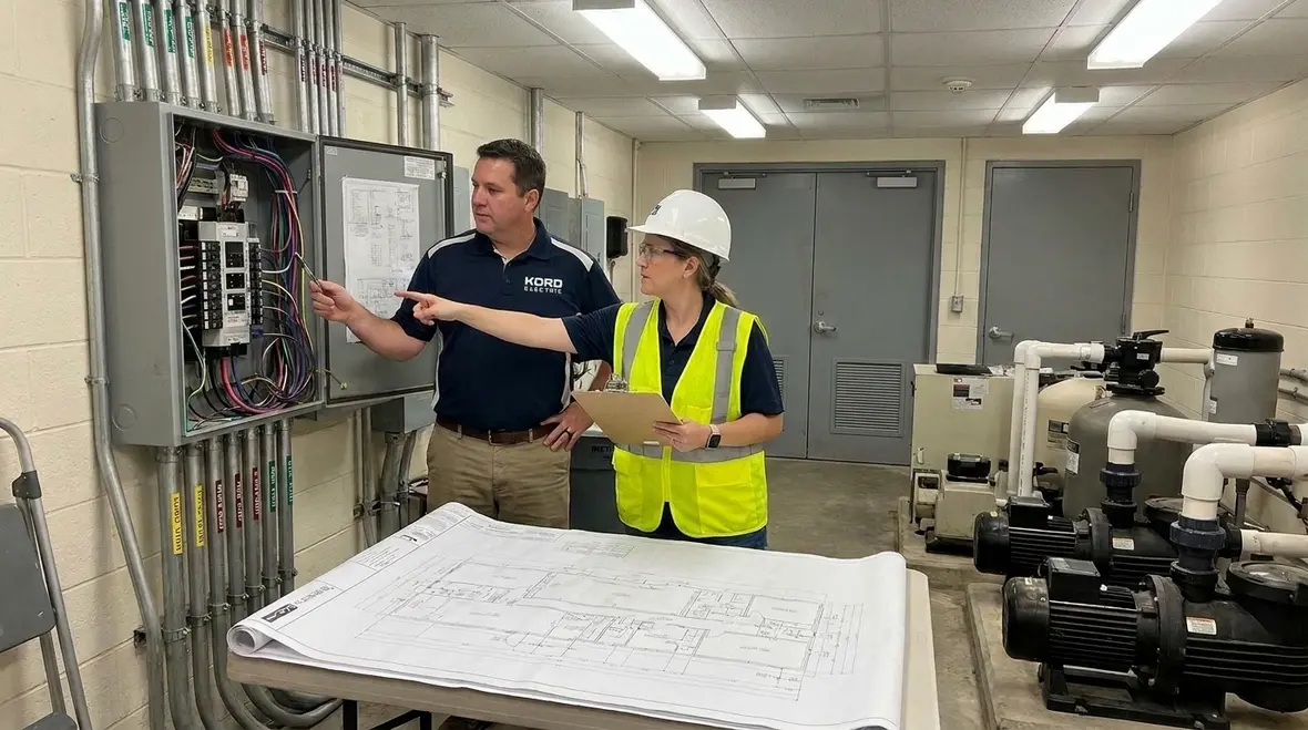Inspector reviewing pool heater electrical installation at a commercial facility