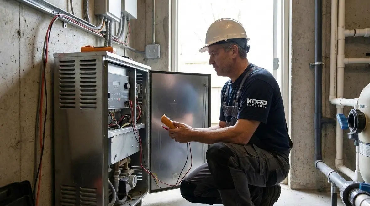 Commercial pool equipment room with code-compliant gas water heater wiring