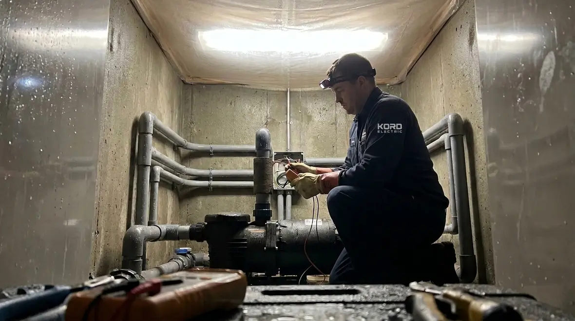 Coordinated wet-area electrical and fire protection planning around spa and pump systems
