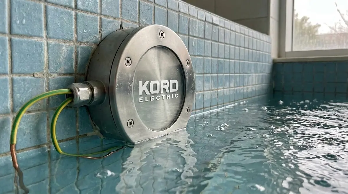 Electrician verifying bonding and grounding near commercial spa equipment