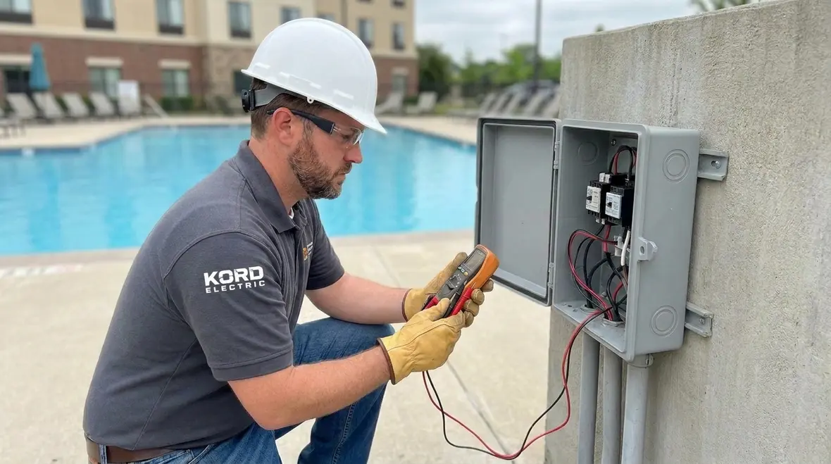 Technician reviewing NEC Section 680.2 pool electrical equipment compliance