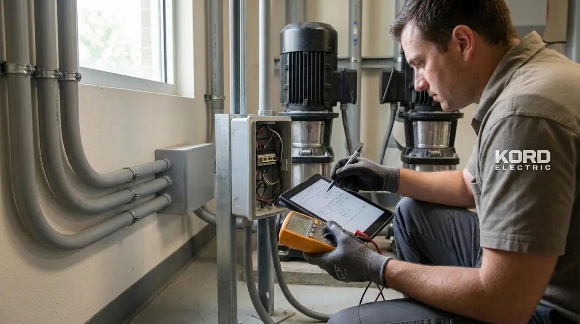 Commercial pool electrical equipment inspection checklist being reviewed