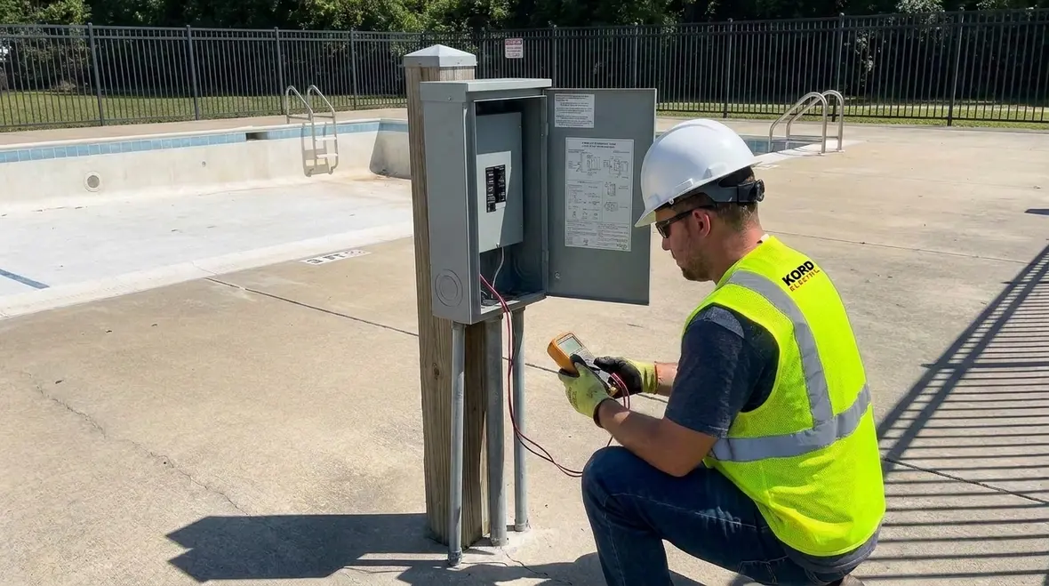 Commercial wading pool electrical equipment laid out per NEC Section 680.41