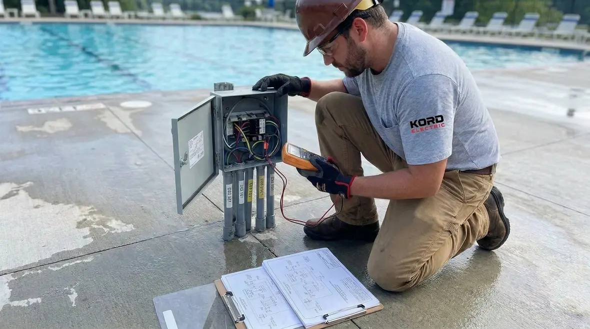 Commercial immersion pool electrical equipment near a pool deck