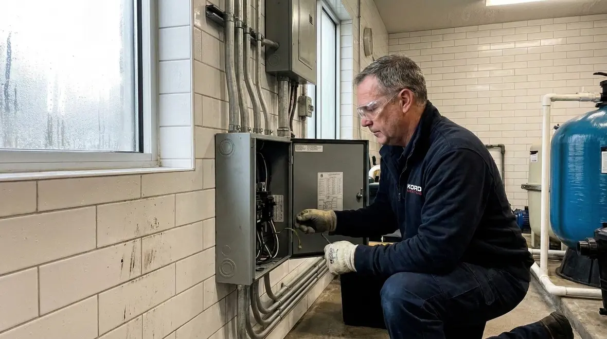 Technician inspecting GFCI protection near a commercial pool spectator tub