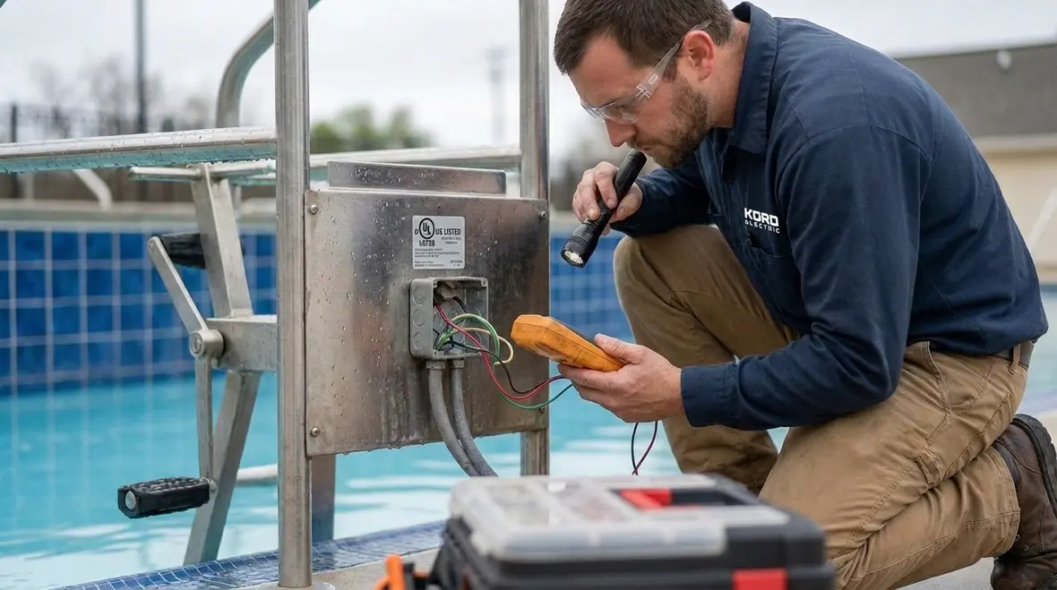 Technician reviewing nameplate data for aquatic exercise equipment approval