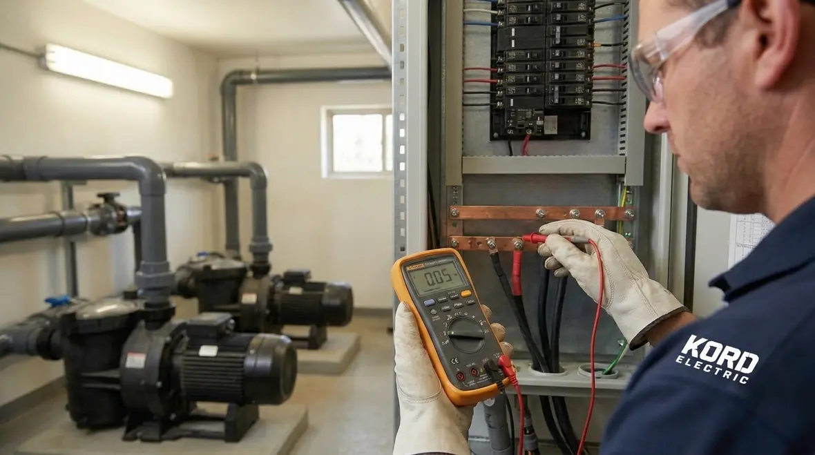 Shared mechanical room housing fire protection and aquatic electrical equipment