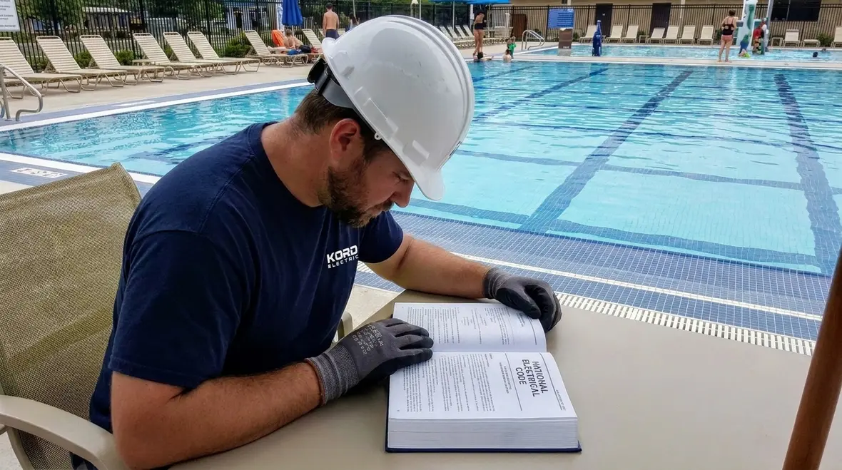 Technician inspecting aquatic exercise equipotential bonding connections in a commercial facility