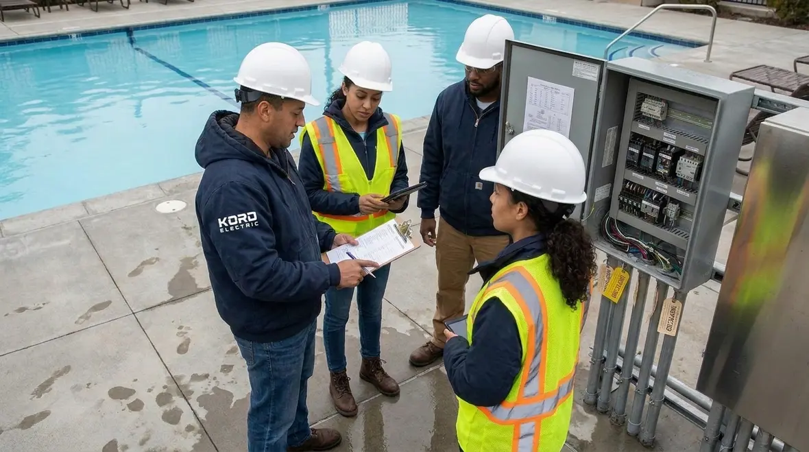 Inspector reviewing commercial pool electrical documentation and labels