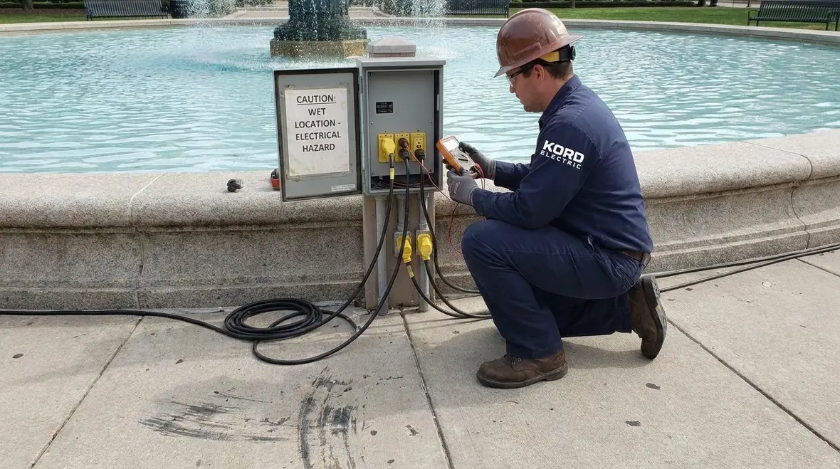 Technician reviewing NEC 680.8 pool cord-connected equipment layout