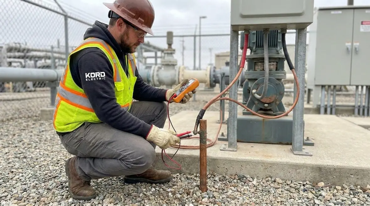 Technicians reviewing NEC Section 682.15 electrode heating ground-fault plans