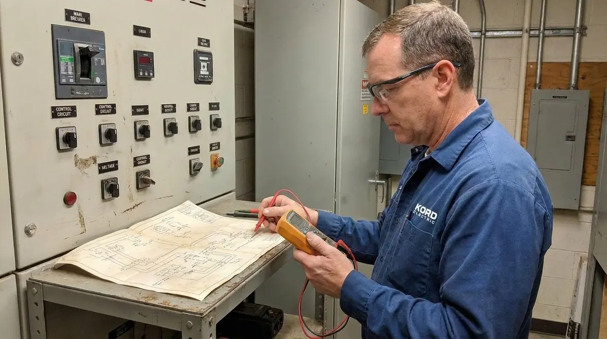 Technicians mapping electrode heating circuit and overcurrent device location