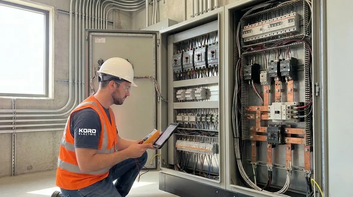 Technician reviewing NFPA 70 Section 685.10 electrode heating overcurrent protection layout